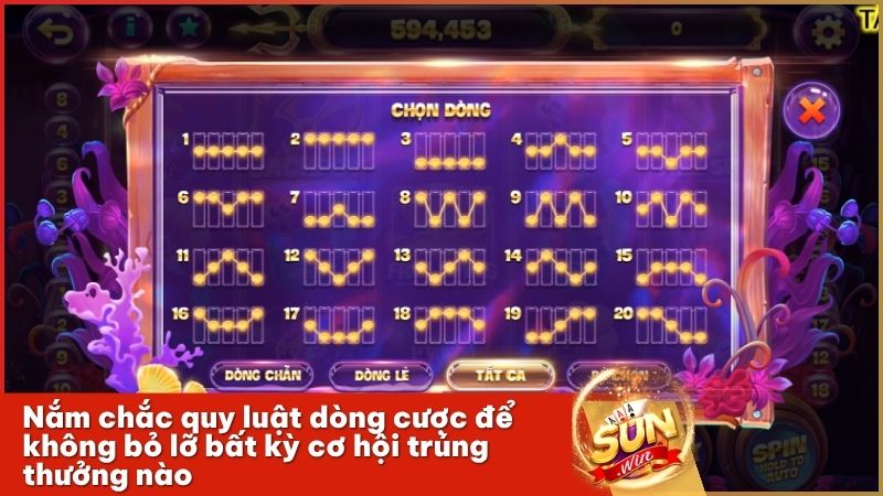 Bảng chi tiết 20 dòng thắng giúp người chơi dễ dàng theo dõi kết quả quay